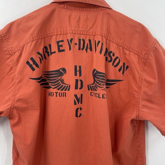 Harley Davidson Men M Orange Motorcycle Button Down Short Sleeve Shirt Medium - Picture 7 of 10